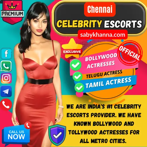 Banner image of Chennai On-Demand Celebrity Escorts services a Elite VIP Service. Posing in the banner genuine Chennai celebrity Escorts along with a text reads, We are India's #1 Celebrity Escorts provider. We have known Bollywood and Tollywood Actresses for all Metro Cities. Icon display premium, Exclusive, Bollywood Actress, Telugu Actress and Tamil Actress. TV Seriel Models also availble. Book an On Demand Chennai celebrity Escorts via Call, whatsApp, telegram, instagram or Facebook.