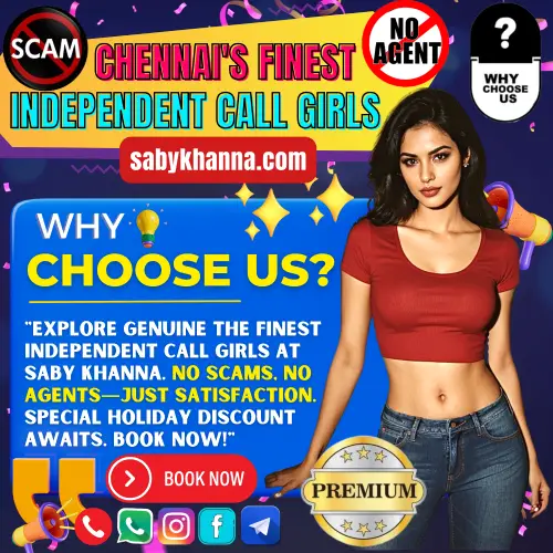Banner image of Chennai's Finest independent Call Girls. Posing in the banner a Saby Khanna Call Girl along with a Text Reads, Why Choose us? Explore Genuine the Finest Independent Call Girls at Saby Khanna. No Scams, No Agents—just Satisfaction. Special Holiday Discount Awaits. Book Now!. Icon display No Scam,No Agent, Premium Satisfaction Guaranteed.Book a finest Independent Call Girl via Call, WhatsApp, Telegram, Instagram and Facebook.