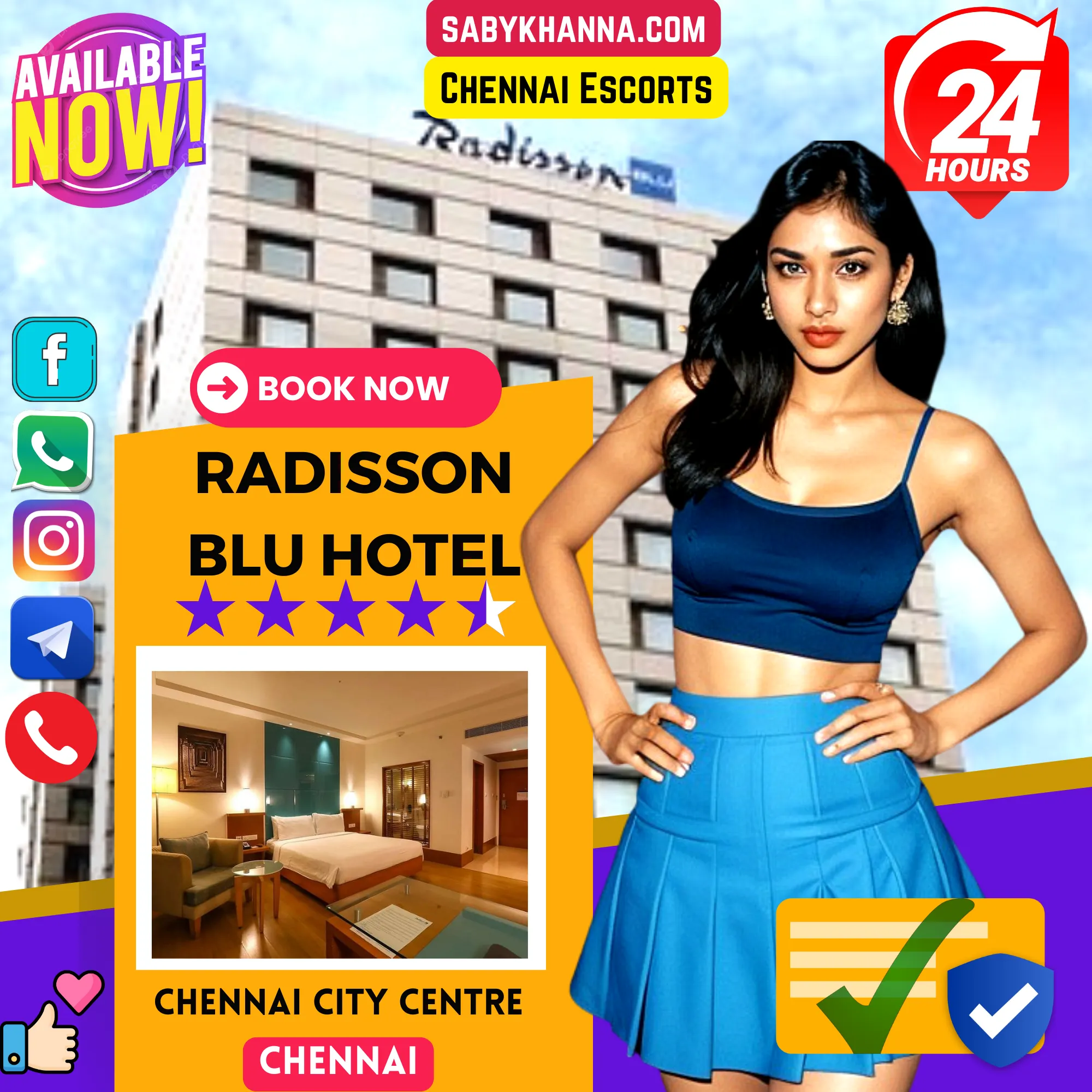 Banner image of  Chennai Escorts Services At Radisson Blu Hotel Chennai City Centre. Posing in the banner a Chennai Escorts Girl in front of Radisson Blu Hotel. Icon Display 24/7 Services, Call Me, Thumbs Up, Privacy Procted. Book An Chennai Escorts Girl at Radisson Blu Hotel Chennai City Centre via Call, WhatsApp, telegram, Instagram or Facebook.